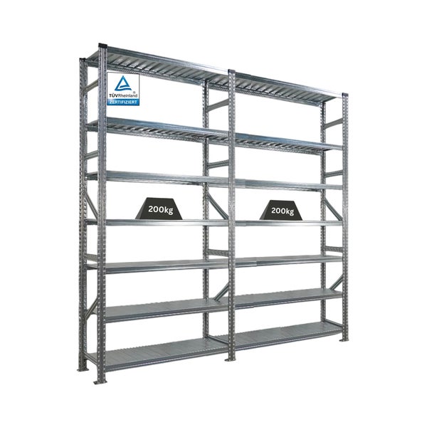 Metallregal mit mehreren Ebenen und TÜV Rheinland Zertifizierung