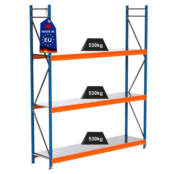 Schwerlastregal mit drei Ebenen und einer Traglast von 530 Kilogramm pro Ebene. Das Regal ist mit dem Made in EU Siegel versehen.