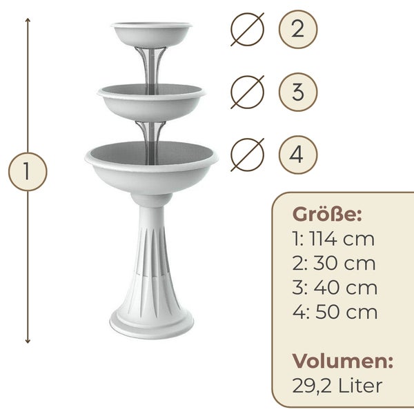 Abmessungen eines dreistufigen Gartenbrunnens mit einer Höhe von 114 cm und einem Volumen von 29,2 Litern