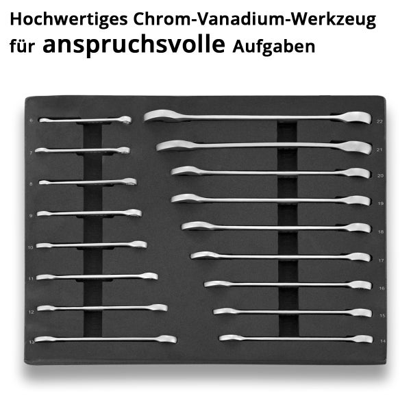 Chrom-Vanadium-Werkzeugsatz mit Maulschlüsseln in einer Halterung