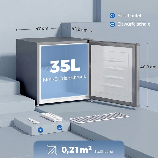 Mini-Gefrierschrank mit 35 Liter Volumen, Eisschaufel und Eiswürfelschale sowie Maßangaben und Stellfläche von 0,21 Quadratmeter.