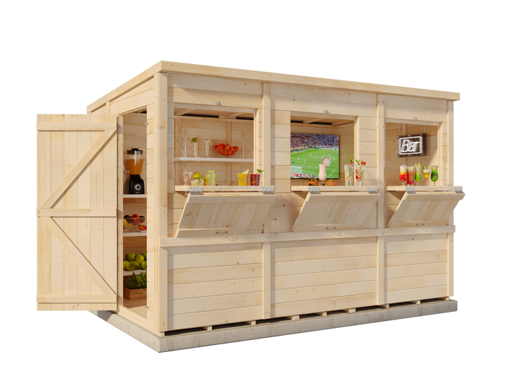 Gartenbar aus hellem Holz mit drei Verkaufsklappen, einer seitlichen Tür und Innenregalen für Getränke und Früchte.