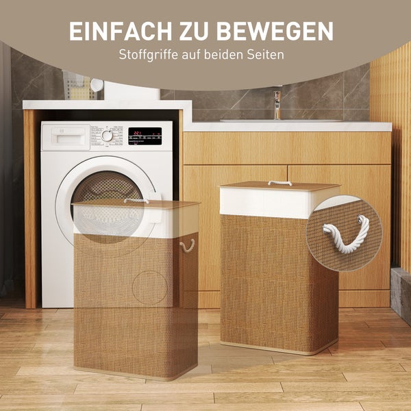 Zwei Wäschekörbe mit Deckel und Stoffgriffen im Badezimmer