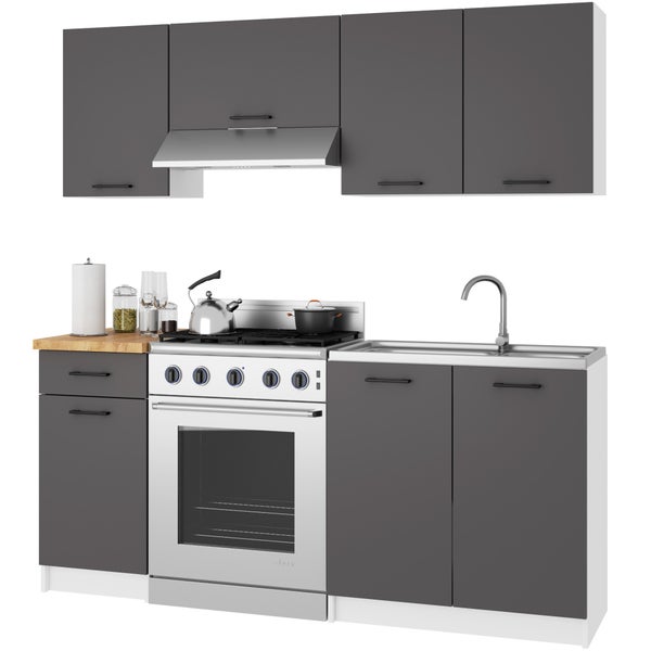 Küchenzeile mit Spüle, Kochfeld, Backofen, Dunstabzugshaube und Hängeschränken