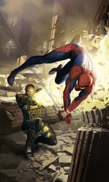 Illustration einer Szene mit Spiderman und einem Gegner in einer zerstörten städtischen Umgebung