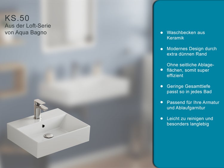 Aqua Bagno Loft KS.50 Waschtisch 50x42 cm – Keramik, Weiß Hochglanz, mit Hahnloch & Überlauf, wandhängend oder als Aufsatzwaschbecken
