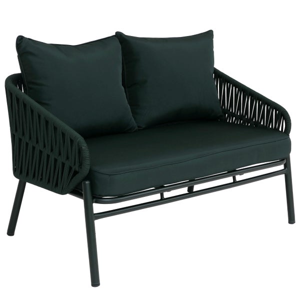 Modernes 2-Sitzer Gartensofa mit dunklem Metallgestell und dunkelgrünem Seilgeflecht, inklusive dunkelgrüner Sitz- und Rückenkissen.