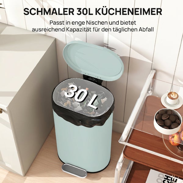 Schmaler 30 Liter Tretabfalleimer für die Küche, kompakt und platzsparend mit Pedalöffnung.