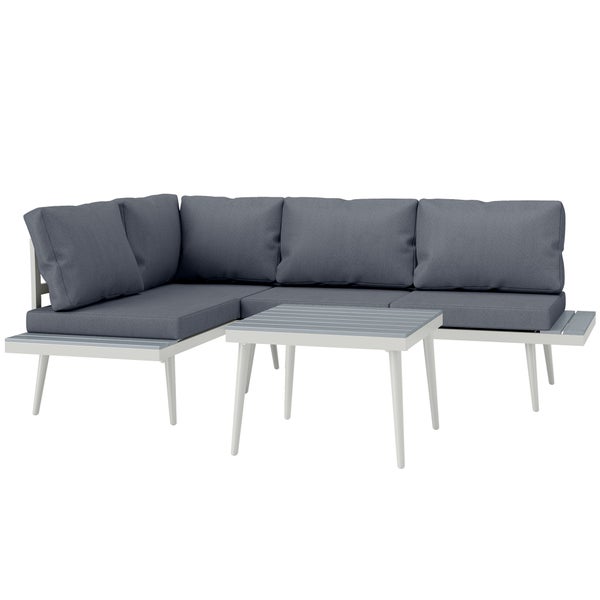 Outsunny Gartenmöbel Set 4 Personen wetterfest Balkonmöbel-Set mit 2er Sofa, Kissen Beistelltisch Stahl Outdoor Sitzgruppe Terrassenmöbel Gartengarnitur Gartenlounge für Garten Terrasse Grau
