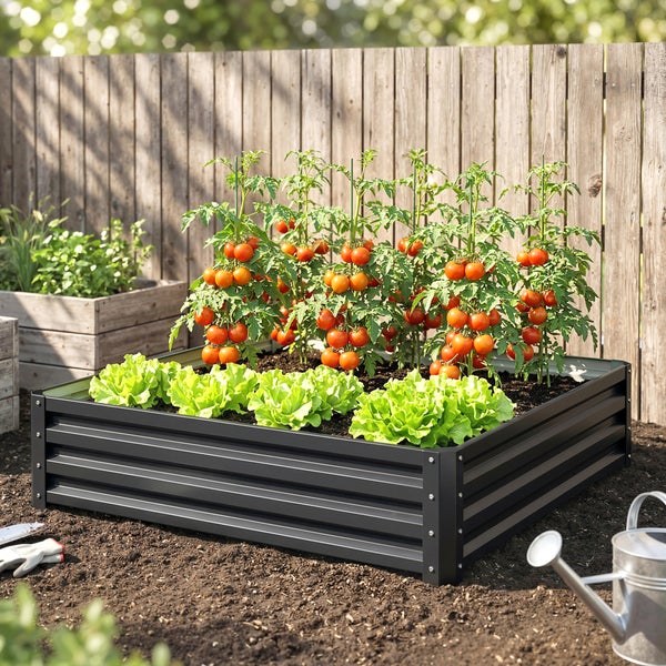 Frau und Kind gärtnern an einem schwarzen Hochbeet aus Metall mit vielen bunten Blumen. Gartenwerkzeug liegt auf dem Boden bereit.