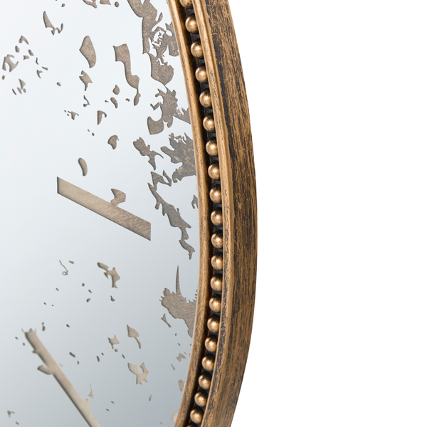 Wanduhr mit antikem Look, runder Rahmen mit Perlenverzierung, strukturiertes Ziffernblatt in Vintage Optik.