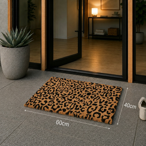 Fußmatte mit Leopardenmuster vor einer Glastür im Eingangsbereich, Maße 60 mal 40 Zentimeter.