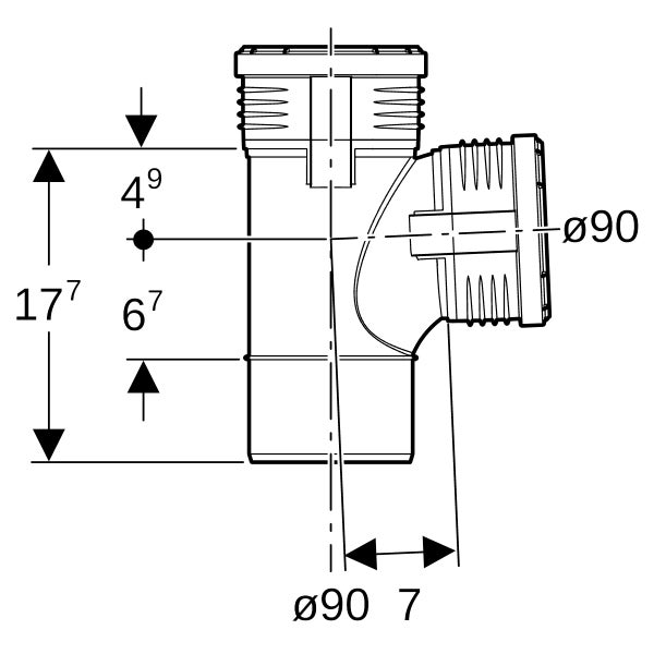 Technische Zeichnung eines T-Stücks für Abflussrohre mit einem Durchmesser von 90 Millimetern und einer Gesamthöhe von 177 Millimetern.