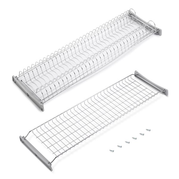 Zweiteiliges Abtropfgestell Set aus verchromtem Metall für Küchenschränke, inklusive Montageschrauben.
