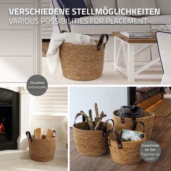 ECD Germany 3er Set Korb mit Griffen, Dekokorb aus Wasserhyazinthe, Ø 24/28/32, Braun, Stapelbar, Pflanzenübertopf, Wäschekorb, Deko-Aufbewahrungskorb, Aufbewahrungskorb, Regalkorb, Mehrzweckkorb