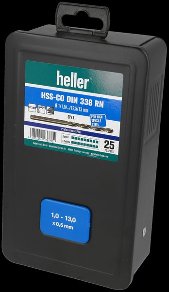 Heller HSS-CO Bohrer-Set DIN 338 RN, 25-teilig, Größen 1,0 bis 13,0 Millimeter in 0,5 Millimeter Schritten, in Aufbewahrungsbox.