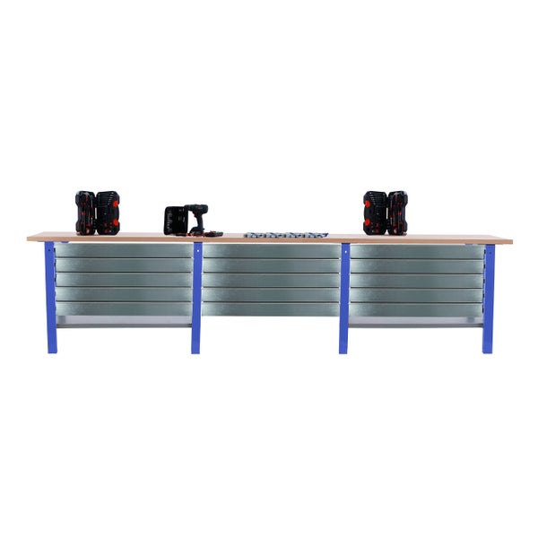 Werkbank BUFFALO WOOD mit 15x Schublade| HxBxT 86,5x300x75cm | Traglast 1000kg | Blau
