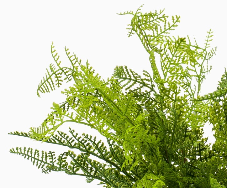 Künstliche Bambuspflanze mit naturgetreuen Halmen und grünen Blättern in einem schwarzen Kunststofftopf.