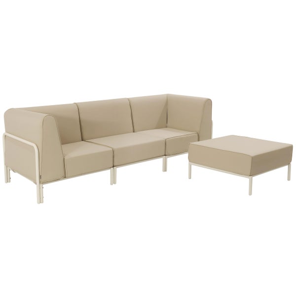 Modernes Lounge-Set bestehend aus einem modularen Dreisitzer-Ecksofa und einem quadratischen Hocker mit Metallgestell und Polstern.