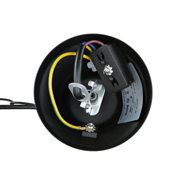 Innenansicht einer schwarzen Deckenleuchte mit Verkabelung und Montageelementen