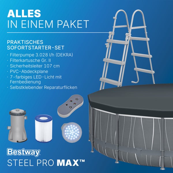 Bestway Steel Pro MAX Poolset mit Filterpumpe, Filterkartusche, Sicherheitsleiter, Abdeckplane und LED-Licht mit Fernbedienung.