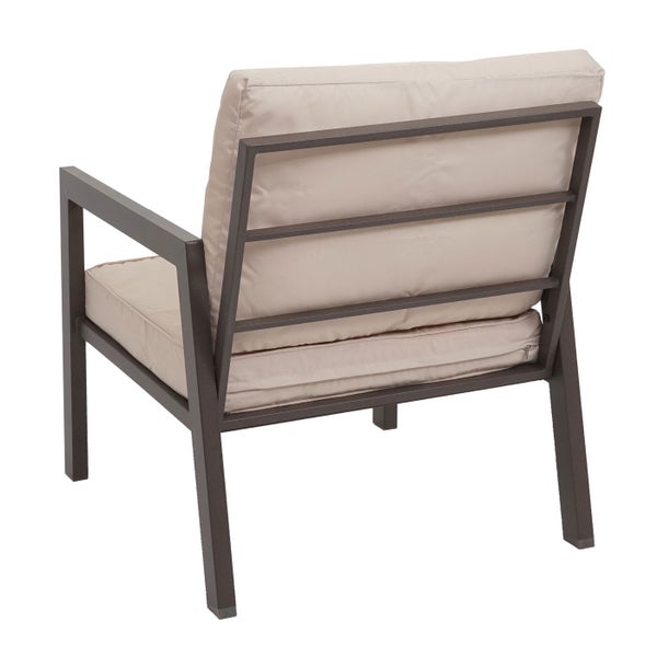 Garten-Loungesessel mit Metallgestell und Polsterkissen, Rückansicht.
