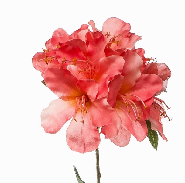 Künstliche Azalee mit rosa Blüten und grünen Blättern.