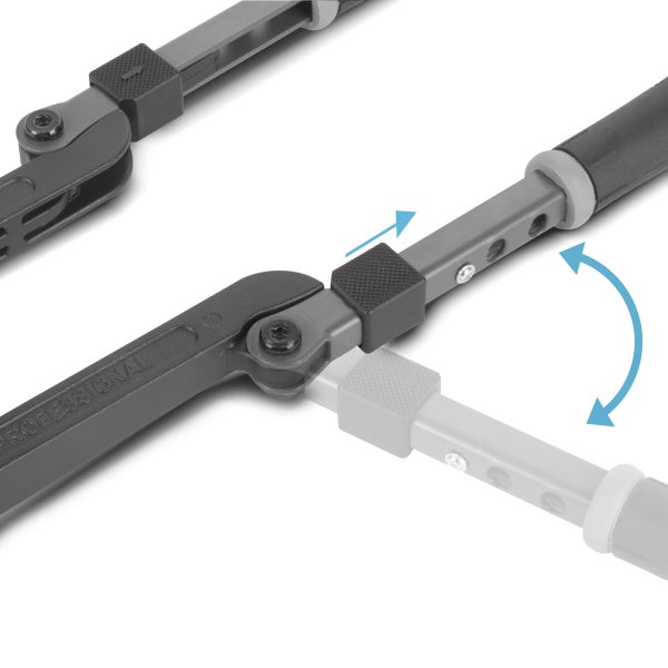 Nahaufnahme eines verstellbaren Werkzeuggriffs mit Arretierung und Pfeilen für die Längen- und Winkelverstellung.
