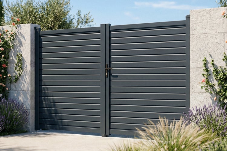 Modernes zweiflügeliges Hoftor aus Aluminium mit horizontalen Lamellen in Anthrazit, zwischen zwei gemauerten Pfeilern in einer Gartenanlage.