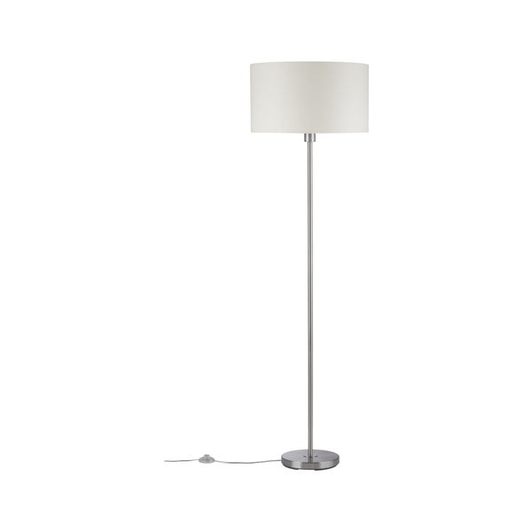 Moderne Stehlampe mit zylindrischem Lampenschirm und schlankem Metallfuß inklusive Kabel mit Fußschalter