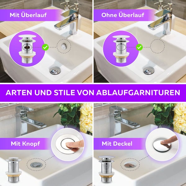 M. ROSENFELD HOME Ablaufgarnitur Waschbecken mit Überlauf Chrom - Ablaufventil Pop Up 1 1/4 zoll aus Edelstahl & Messing für Waschtisch - PopUp Ventile, Abflussgarnitur Waschbecken, Einfacher Einbau