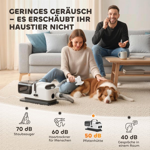 Helles Wohnzimmer: Frau pflegt liegenden Hund mit leisem Tierhaarsauger auf Teppich. Mann telefoniert. Grafik zeigt 50 Dezibel Betriebslautstärke.