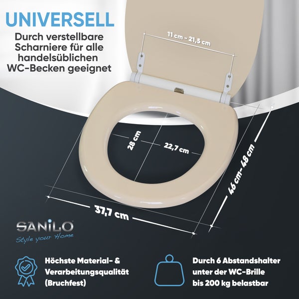 Sanilo Toilettensitz mit Deckel. Maße 37,7 mal 46 bis 48 Zentimeter. Universell, 6 Abstandshalter, belastbar bis 200 Kilogramm. Sanilo Logo.