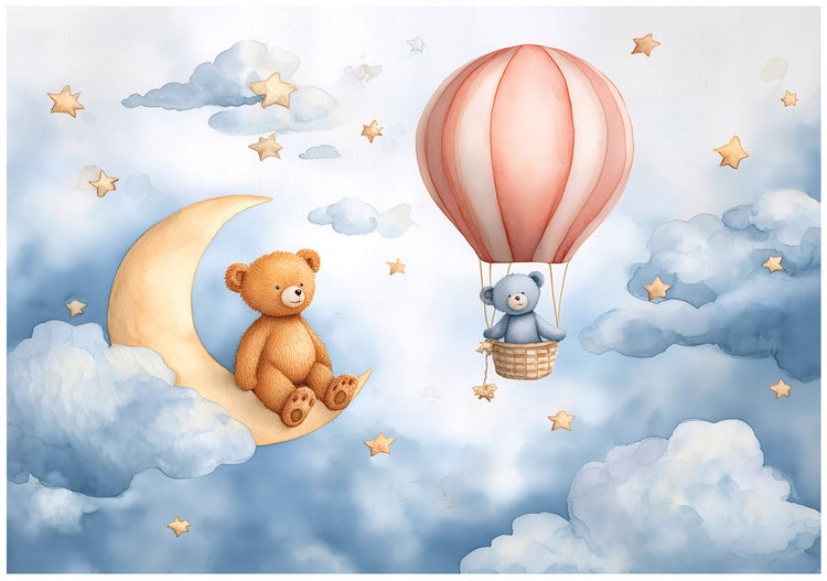 Illustration mit Teddybär auf Mond und Teddybär im Heißluftballon vor Wolken