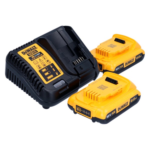DeWalt Ladegerät DCB115 mit zwei 18 Volt Lithium-Ionen-Akkus mit einer Kapazität von 2,0 Amperestunden.