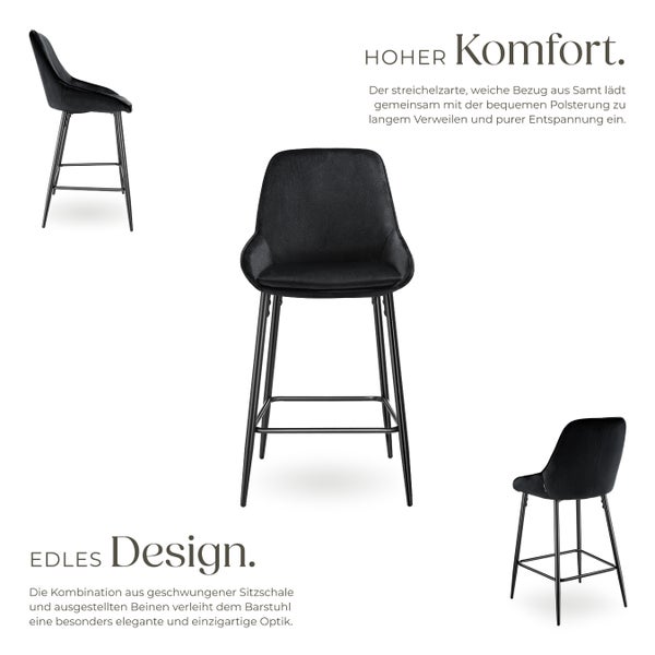 Thekenstuhl tectake Siera 49 x 54 x 100 cm, Belastbarkeit 120 kg gepolstert, weicher Bezug Samtoptik schwarz/schwarz