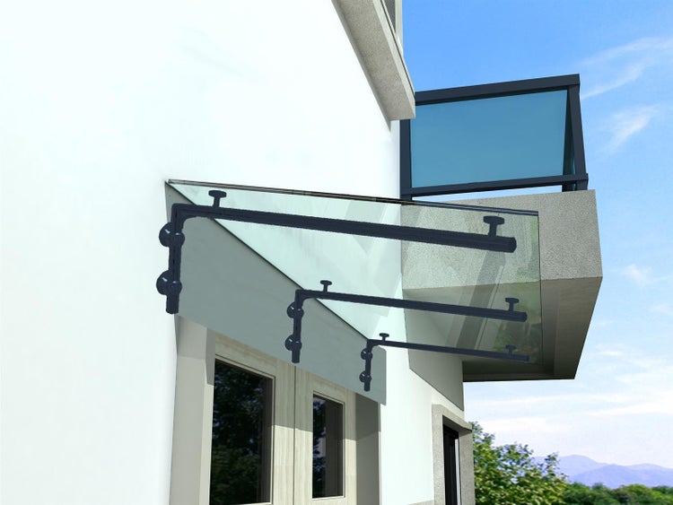 BuyLando (3L) 230x90 cm Klarglas Glasvordach inkl. Edelstahlhalter in RAL 7016