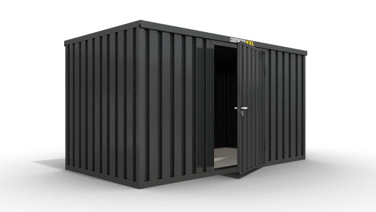 Lagercontainer Gerätehaus XXL  – 12 qm, H2150 x B6080 x T2170 mm, Außenwandlackierung anthrazit, Dach außen verzinkt, mit Holzfußboden, 1270 mm Einflügeltür mittig in Breitseite, montiert