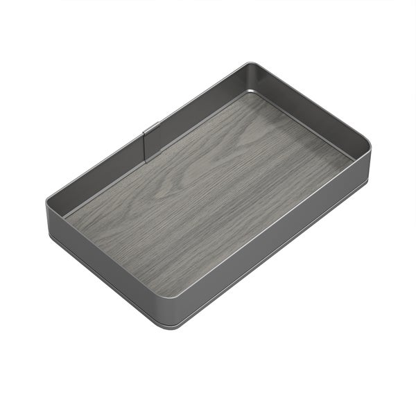 Rechteckiger Schubladeneinsatz aus Metall mit Boden in Holzoptik für die Schrankorganisation.