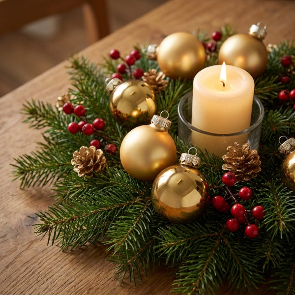 Weihnachtskranz aus Tannenzweigen geschmückt mit Weihnachtskugeln, Beeren, Tannenzapfen und einer Kerze in einem Glas auf einem Holztisch.