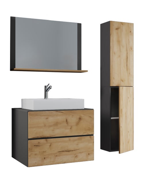 Badezimmermöbel Set in Eichenoptik und Anthrazit bestehend aus Waschbeckenunterschrank, Aufsatzwaschbecken, Spiegel mit Ablage und Hochschrank.