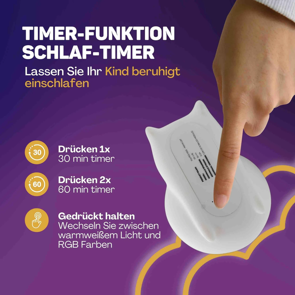 Infografik zur Bedienung der Kinder Nachtlicht Timer Funktion mit Erläuterungen zum Einstellen der Zeitintervalle und Wechseln der Lichtfarben.