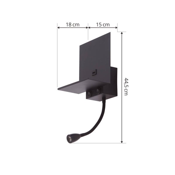 Wandleuchte mit Ablagefläche, USB-Anschluss und Leselampe mit flexiblem Arm, Maße: 44,5 cm Höhe, 18 cm Tiefe Ablage, 15 cm Tiefe Lampenfuß.