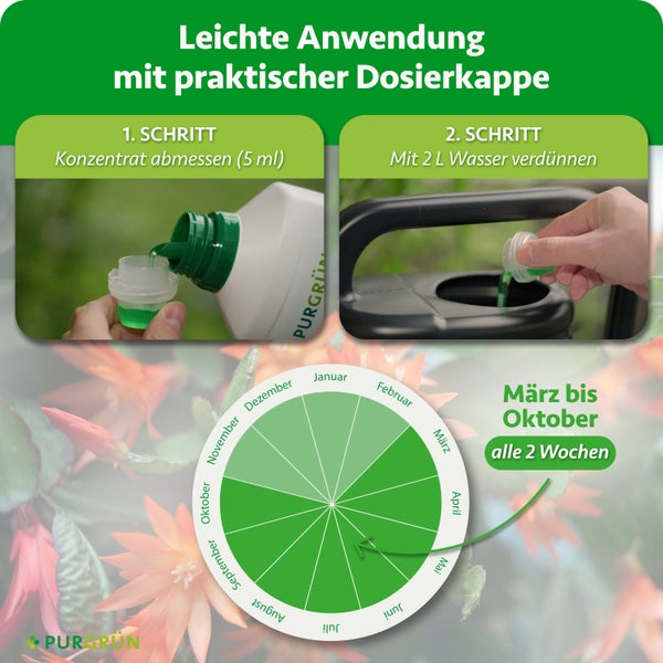 Anwendungshinweise für Purgrün Dünger mit Dosierungsschritt, Anmischvorgang und Anwendungskalender für den Zeitraum von März bis Oktober.