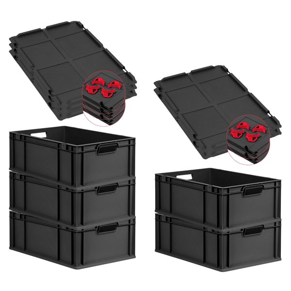 PROREGAL SparSet 5x Eurobox NextGen Grip mit Auflagedeckel inkl. 4 roten Schiebeschnappverschlüssen, HxBxT 22x40x60cm, 44 Liter, Schwarz, Griffe offen, Verstärkter Boden, Eurobehälter, Transportbox, Transportbehälter, Stapelbehälter