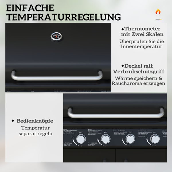 Outsunny Gasgrill 21,2 KW 6+1 Brenner BBQ Grillwagen aus Edelstahl inkl Rolle Seitenbrenner Thermometer Grillrost Kochfeld Seitentisch Gas-Grill für Balkon Camping 144,5 x 56 x 110cm