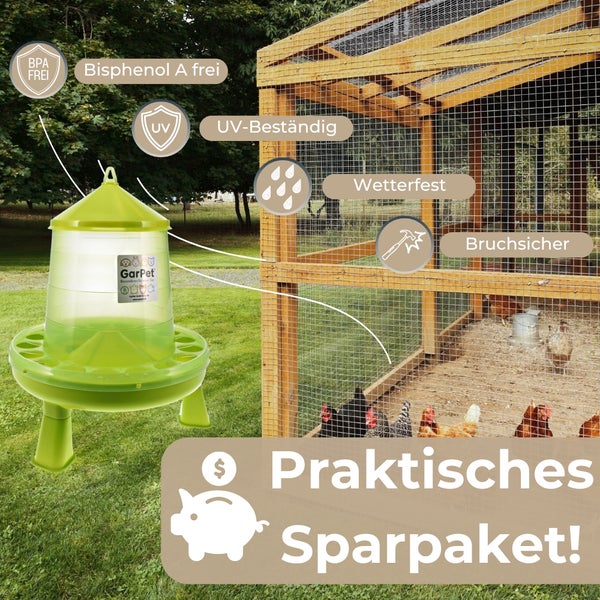 Praktisches Sparpaket mit einem Hühnerfutterspender und einem Hühnerstall