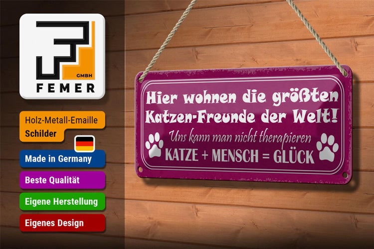 Blechschild Spruch 27x10cm Katze + Mensch = Glück Dekoration