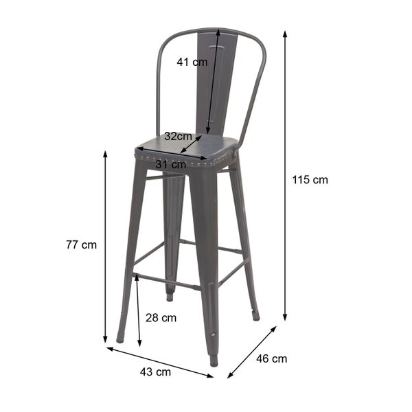 Barhocker mit Rückenlehne und den Maßen 115 cm Höhe, 43 cm Breite und 46 cm Tiefe.