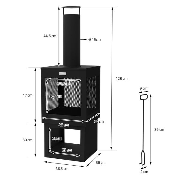 Gartenkamin aus schwarzem Metall: Höhe 128 Zentimeter, Breite 40 Zentimeter, Tiefe 40 Zentimeter. Mit Schornstein, Holzfach und Schürhaken.